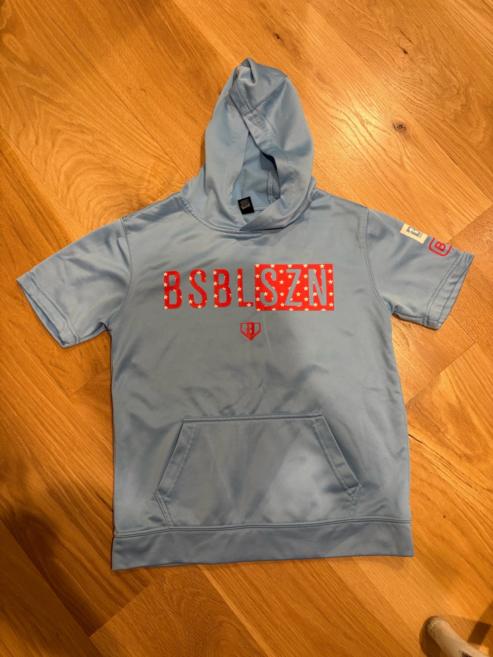 Kids Light Blue Short Sleeve Hoodie with Red Star Logo